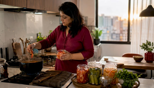 Hands adding fermented ingredients to stew in home kitchen