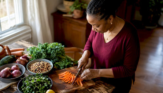 Woman preparing fiber-rich meal in kitchen