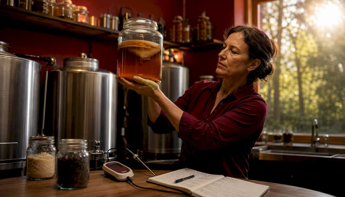 Scientist examining kombucha fermentation vessel