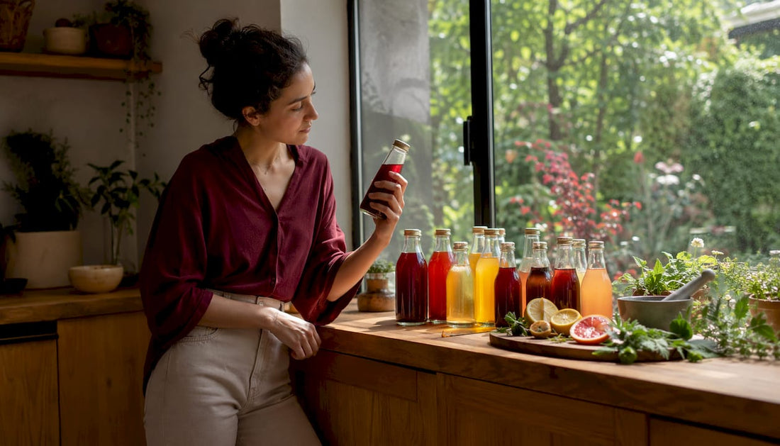 Woman reviewing kombucha bottles in bright kitchen