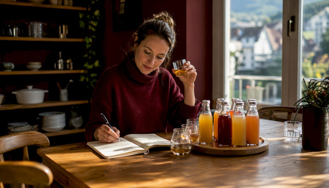Woman tasting Swiss kombucha alternatives at kitchen counter