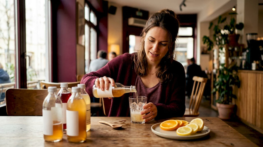 Woman pouring kombucha drink at home kitchen