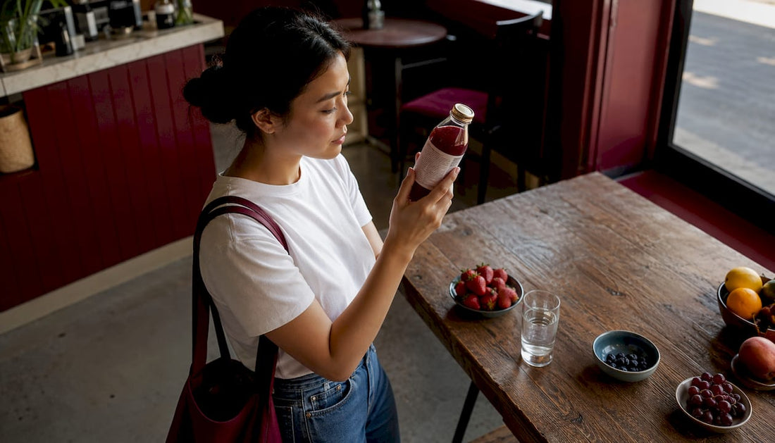 Woman examining kombucha bottle label indoors