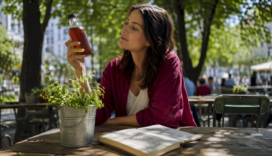 Woman holding kombucha at kitchen table