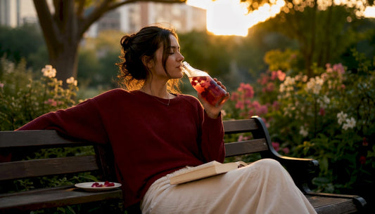 Woman sipping floral kombucha in cafe