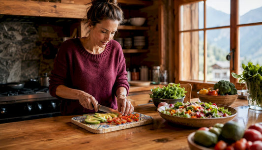 Swiss woman preparing fiber-rich salad in rustic kitchen