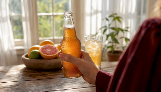Hand holding chilled kombucha bottle in kitchen