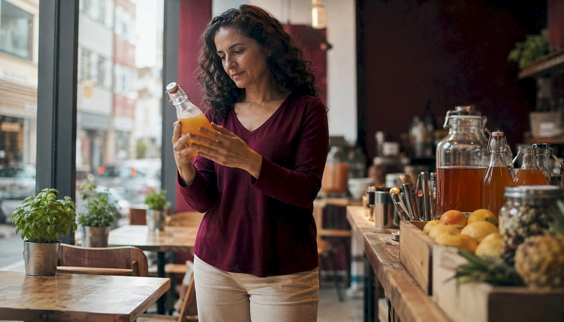 Woman inspecting craft kombucha bottle in brewery