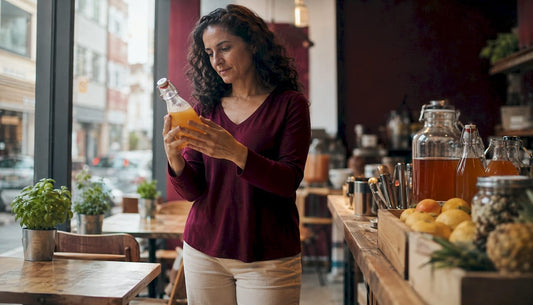 Woman inspecting craft kombucha bottle in brewery