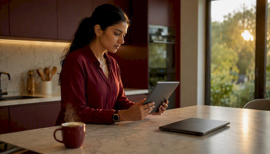 Social marketer selecting link-in-bio tools at desk