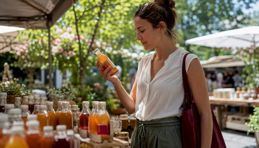 Swiss shopper examining kombucha bottle in store aisle