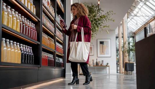 Woman selecting kombucha bottles in Swiss shop