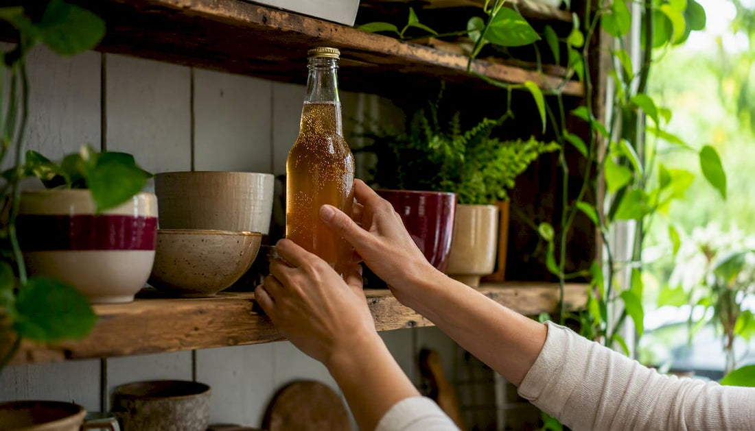 Hands opening kombucha bottle in fridge