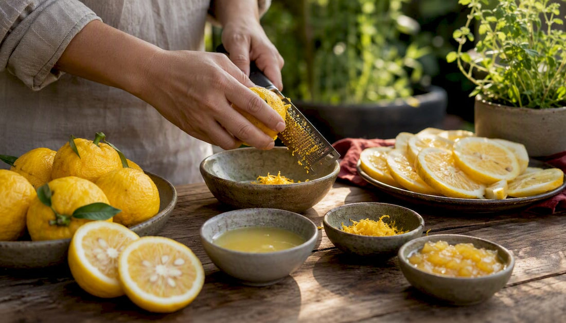 Hands zesting yuzu fruit on kitchen counter with citrus ingredients