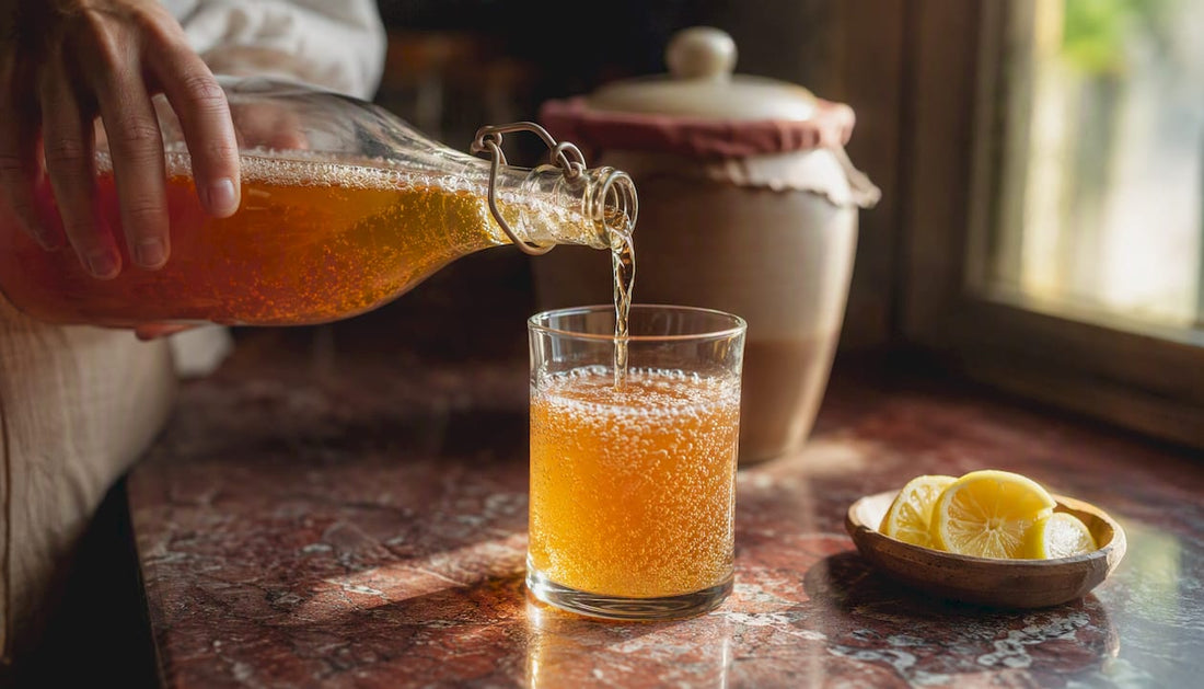 Hand pouring low sugar kombucha into glass