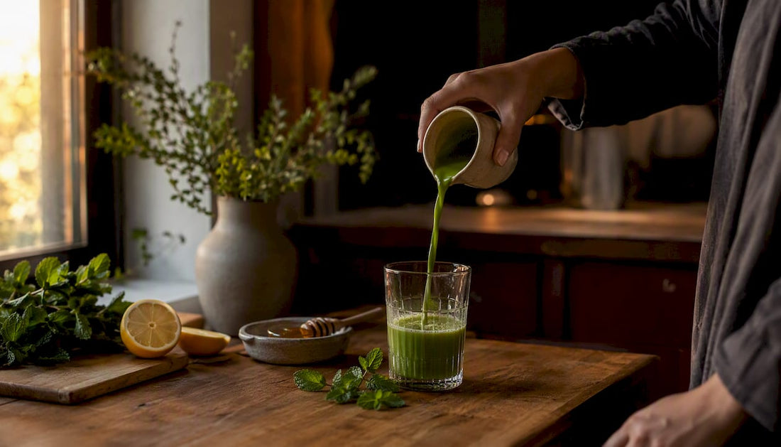 Hands whisking matcha and turmeric tonic on kitchen counter