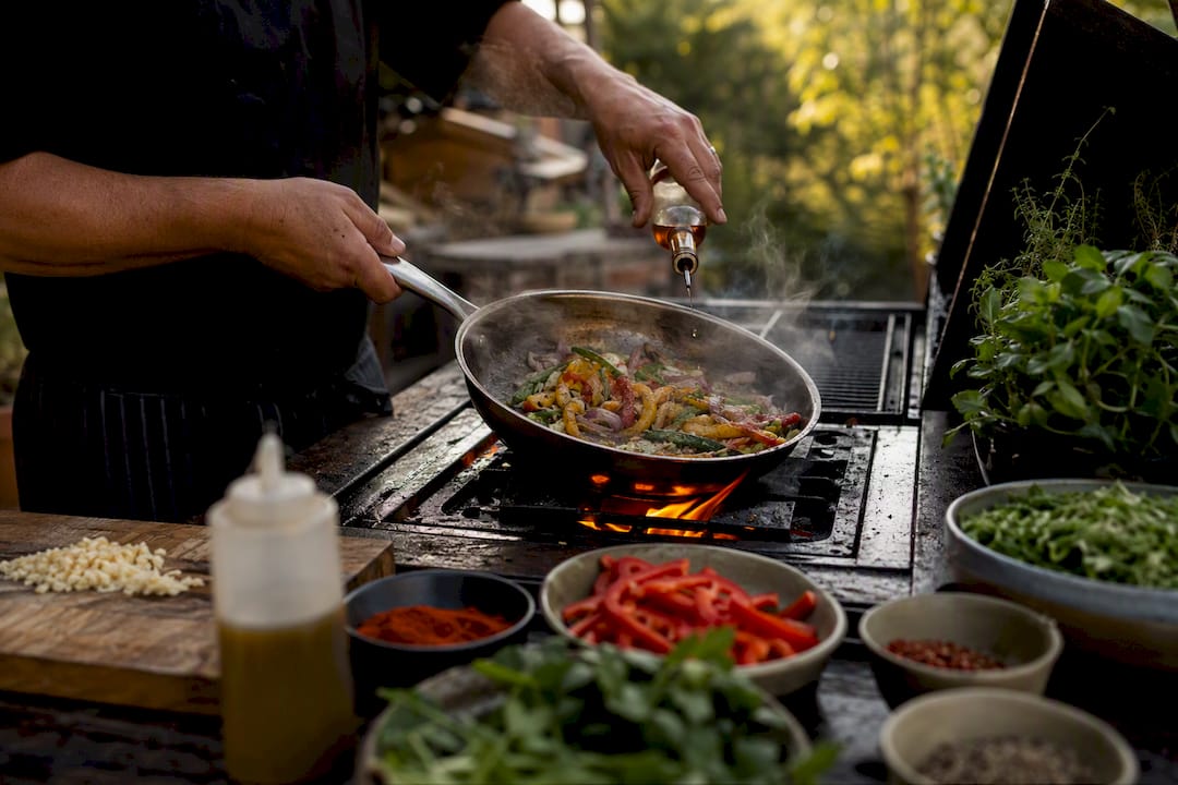 Hands searing meat and layering aromatics