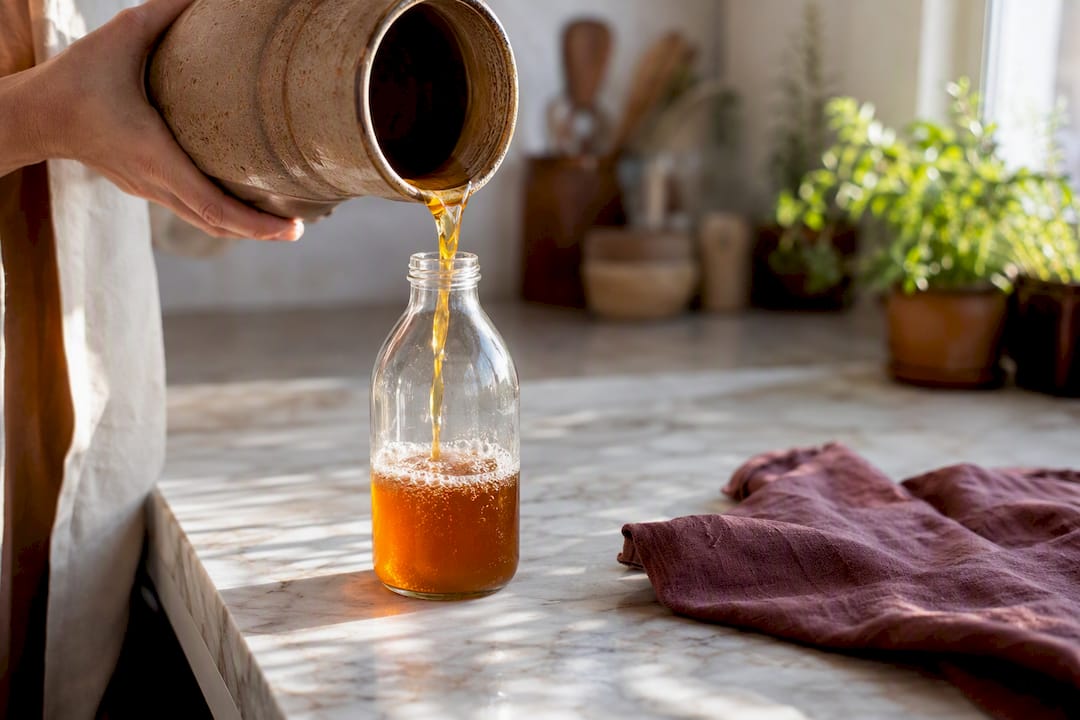 Hand pouring kombucha into glass bottle