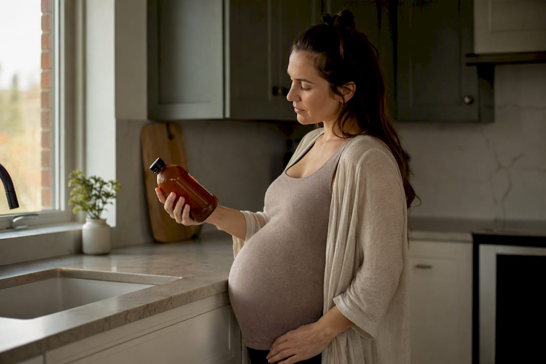 Pregnant woman reading kombucha label