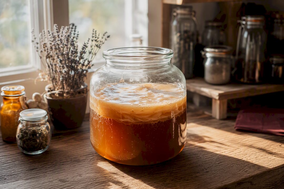 Kombucha fermenting in glass jar with SCOBY