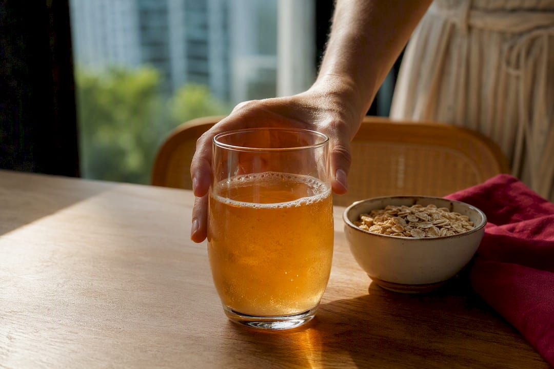 Amber kombucha beside a fiber-rich breakfast