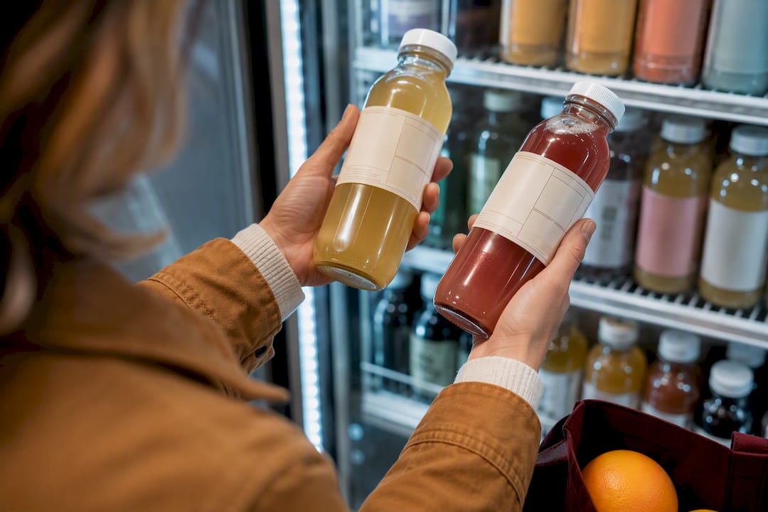 Shopper inspecting kombucha nutrition labels