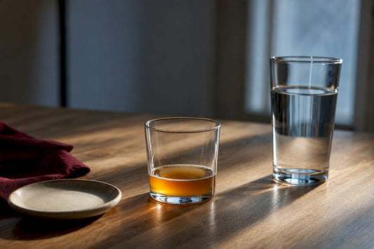 Small kombucha serving beside still water